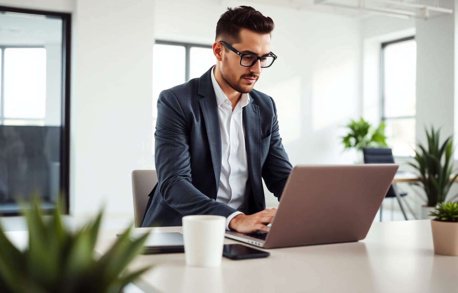 Professional working on laptop in a modern office